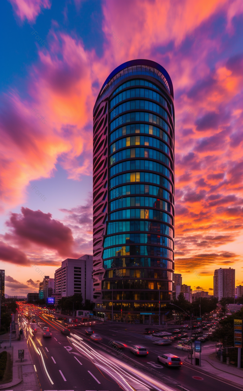 橙色夕阳晚霞蓝天云彩一栋玻璃外观的酒店办公楼商务科技车流延时拍摄实拍,高清,摄影图,摄影图片,图片大全,摄影图免费下载